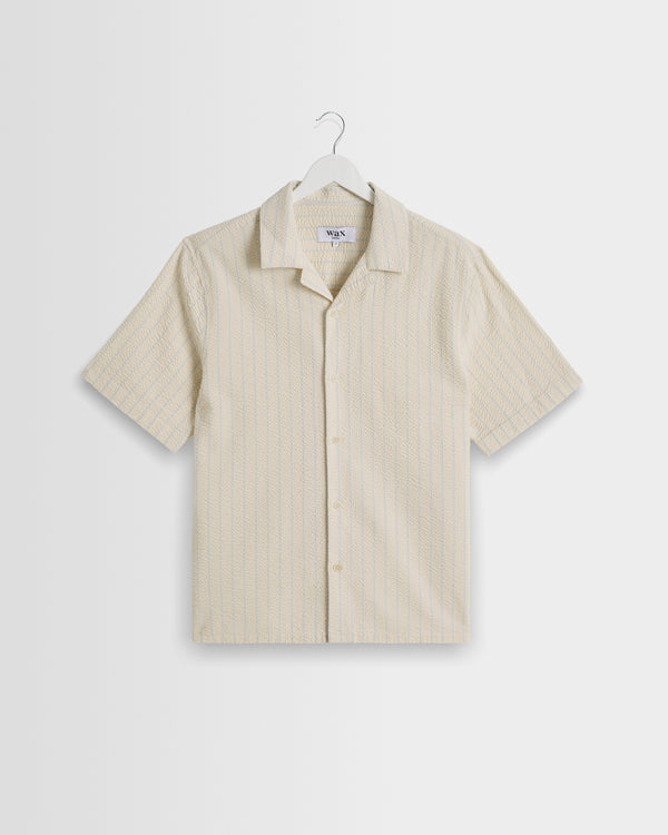 wax london men's Didcot - Ecru And Blue Seersucker Stripe Short-Sleeve Shirt