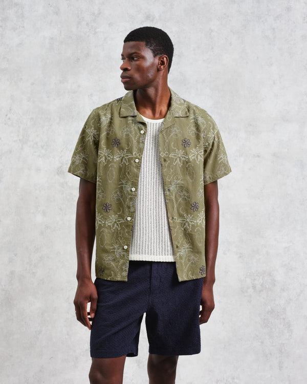 wax london Didcot - Khaki Hawaiian Embroidered Short-Sleeve Shirt