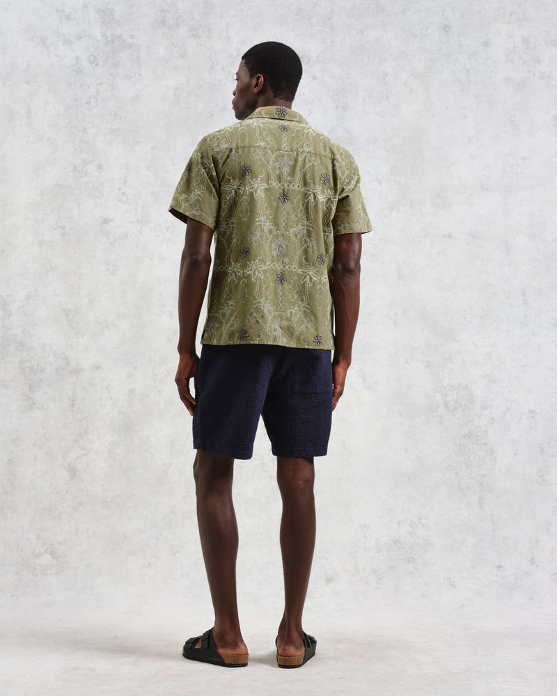 wax london Didcot - Khaki Hawaiian Embroidered Short-Sleeve Shirt