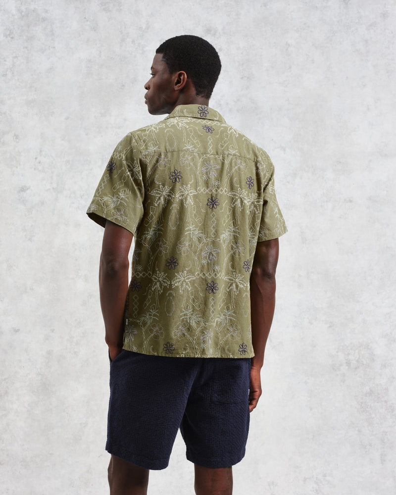 wax london Didcot - Khaki Hawaiian Embroidered Short-Sleeve Shirt