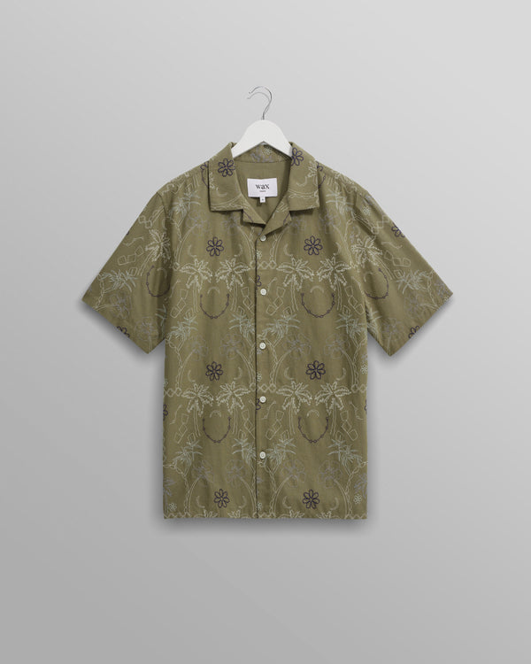 wax london Didcot - Khaki Hawaiian Embroidered Short-Sleeve Shirt