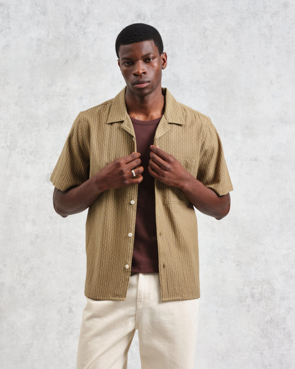 wax london Didcot - Khaki Slub Stripe Short-Sleeve Shirt