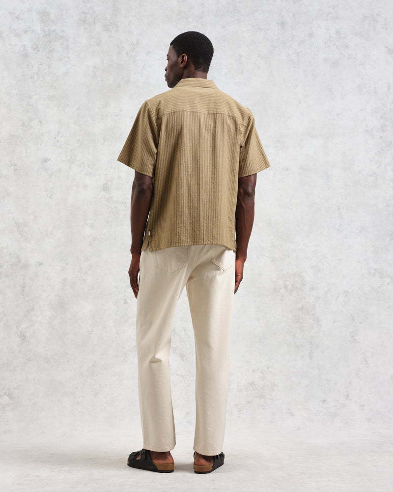 wax london Didcot - Khaki Slub Stripe Short-Sleeve Shirt