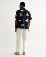 wax london men's Didcot - Navy And Multicolour Floral Applique Short-Sleeve Shirt