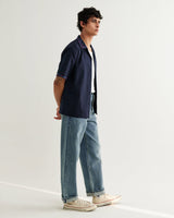 wax london men's Didcot - Navy Cross-Stitch Border Short-Sleeve Shirt