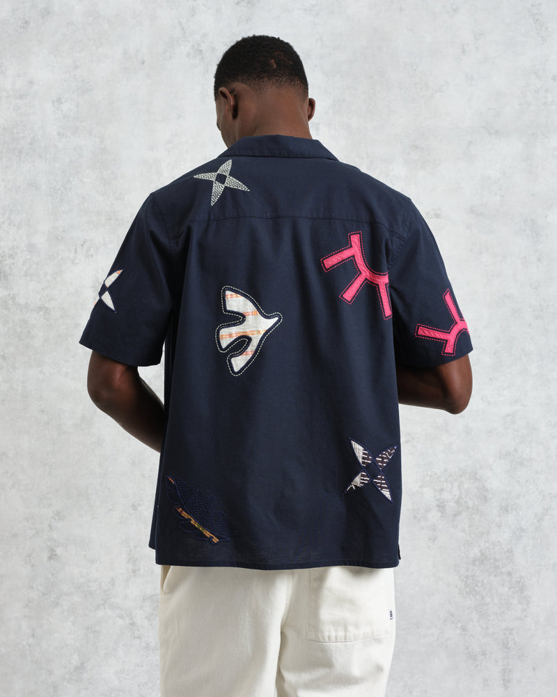 wax london Didcot - Navy Doodle Appliqué Short-Sleeve Shirt