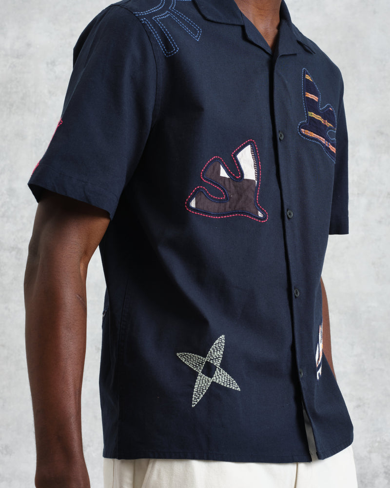 wax london Didcot - Navy Doodle Appliqué Short-Sleeve Shirt