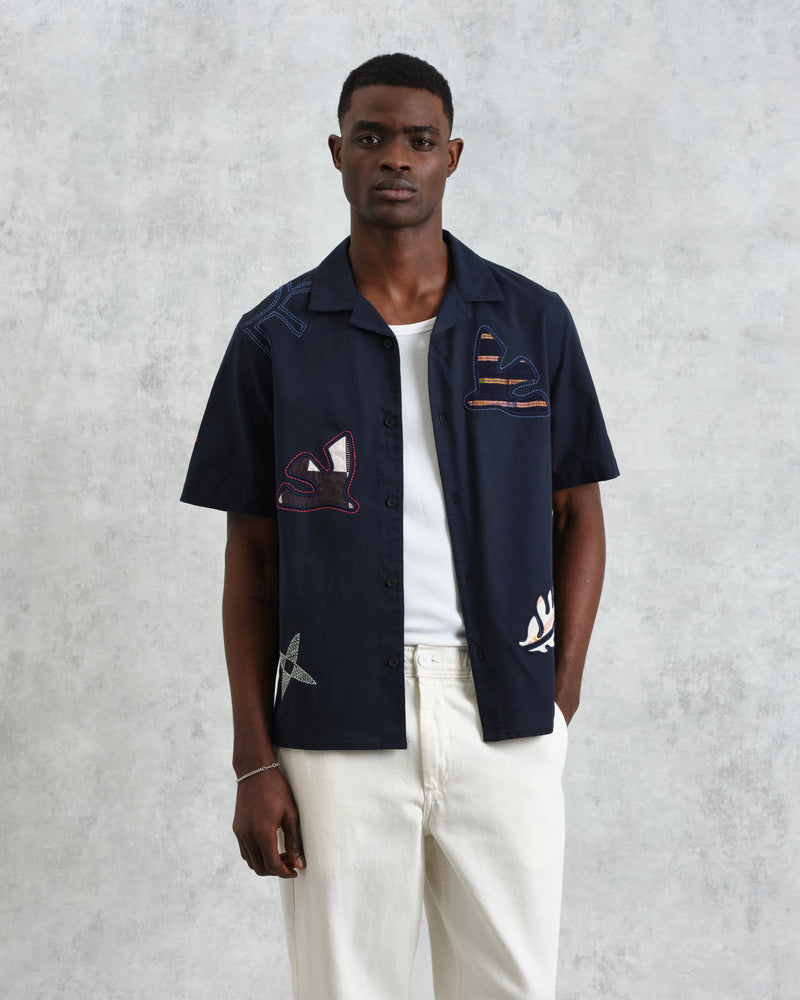 wax london Didcot - Navy Doodle Appliqué Short-Sleeve Shirt