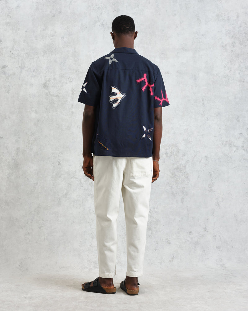wax london Didcot - Navy Doodle Appliqué Short-Sleeve Shirt