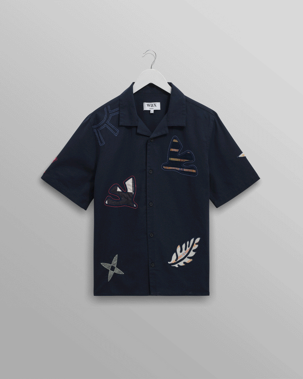 wax london Didcot - Navy Doodle Appliqué Short-Sleeve Shirt