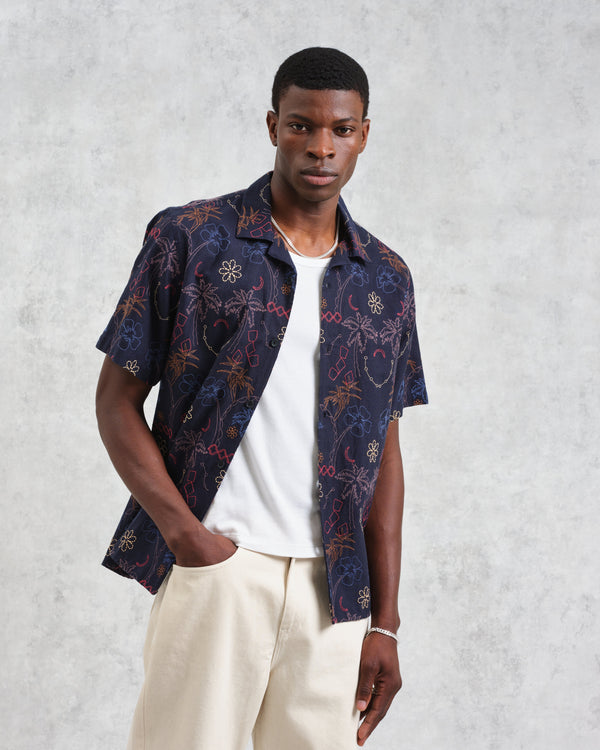 wax london Didcot - Navy Hawaiian Embroidered Short-Sleeve Shirt