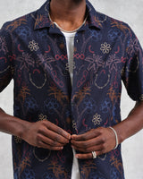 wax london Didcot - Navy Hawaiian Embroidered Short-Sleeve Shirt