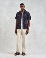 wax london Didcot - Navy Hawaiian Embroidered Short-Sleeve Shirt