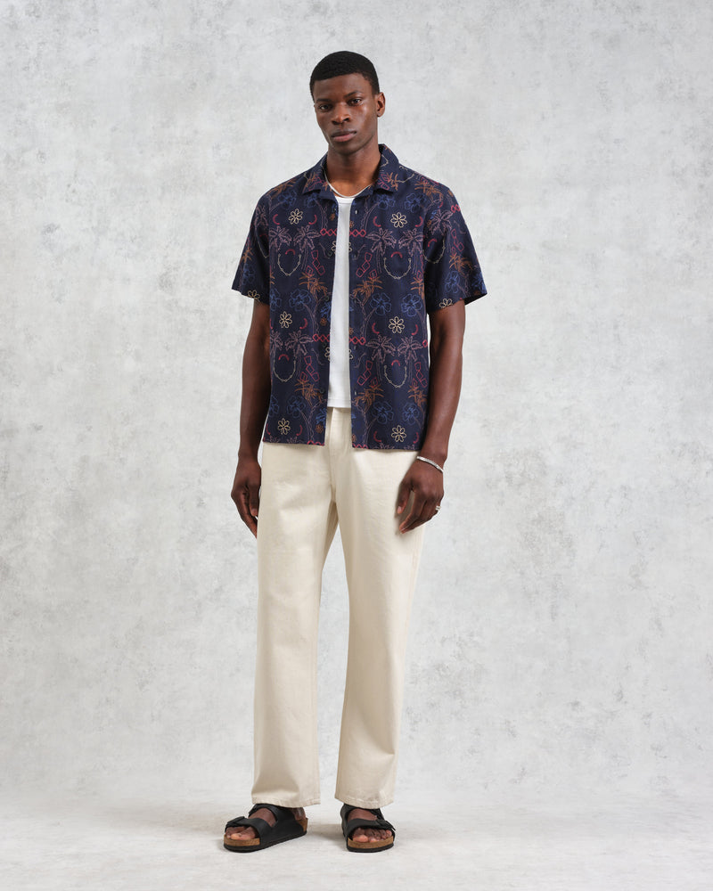 wax london Didcot - Navy Hawaiian Embroidered Short-Sleeve Shirt