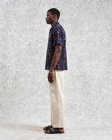 wax london Didcot - Navy Hawaiian Embroidered Short-Sleeve Shirt