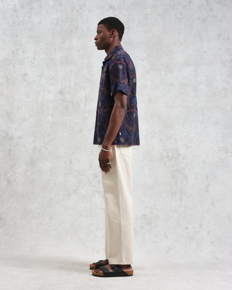 wax london Didcot - Navy Hawaiian Embroidered Short-Sleeve Shirt