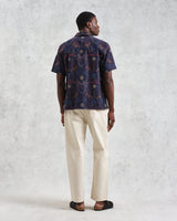 wax london Didcot - Navy Hawaiian Embroidered Short-Sleeve Shirt