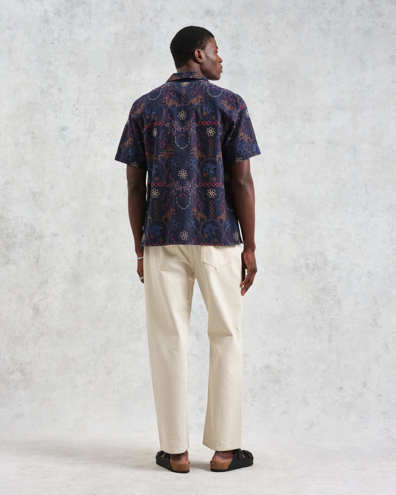 wax london Didcot - Navy Hawaiian Embroidered Short-Sleeve Shirt