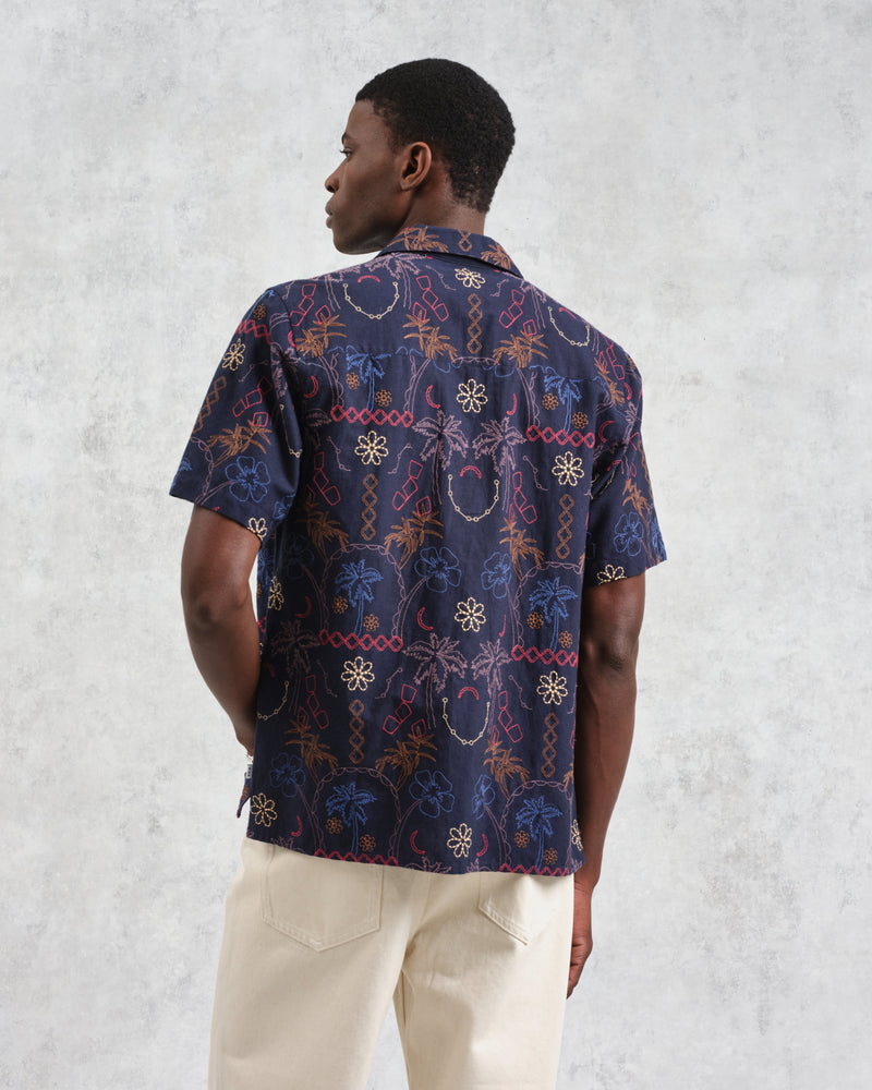 wax london Didcot - Navy Hawaiian Embroidered Short-Sleeve Shirt
