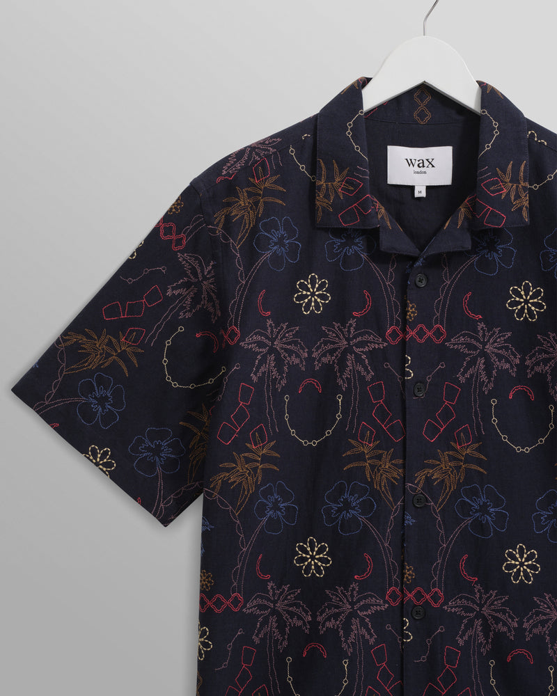 wax london Didcot - Navy Hawaiian Embroidered Short-Sleeve Shirt