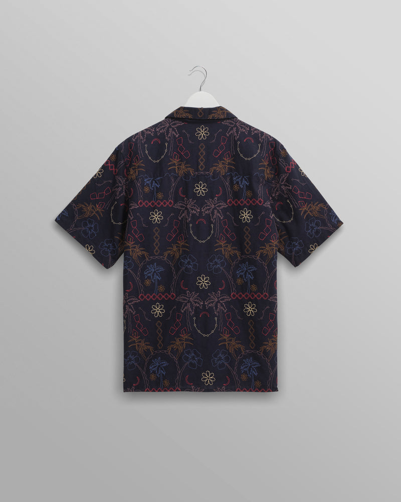 wax london Didcot - Navy Hawaiian Embroidered Short-Sleeve Shirt