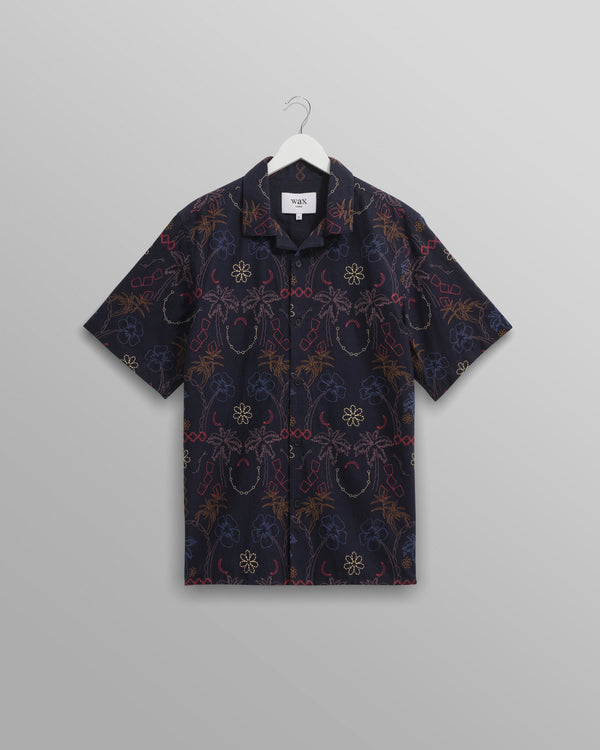 wax london Didcot - Navy Hawaiian Embroidered Short-Sleeve Shirt