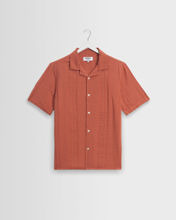 wax london men's Didcot - Rust Double-Weave Seersucker Short-Sleeve Shirt