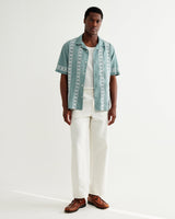 wax london men's Didcot - Sea Green And Ecru Embroidered Short-Sleeve Shirt