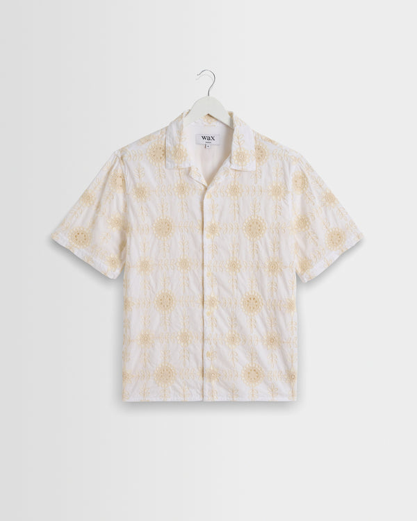 wax london men's Didcot - White Corded Lace Short-Sleeve Shirt
