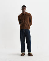 wax london men's Friar - Brown Brush Cable Knit Zip Cardigan