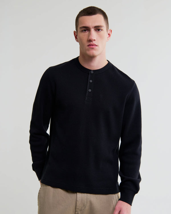 wax london men's Halton - Black Waffle Long-Sleeve Henley T-Shirt