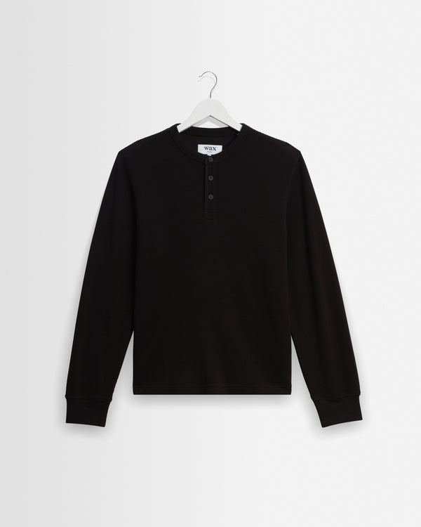 wax london men's Halton - Black Waffle Long-Sleeve Henley T-Shirt