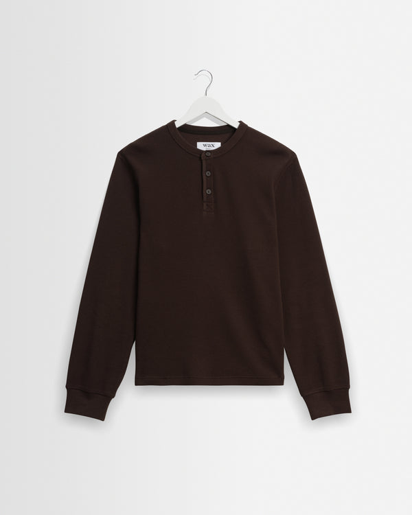 wax london men's Halton - Dark Brown Waffle Long-Sleeve Henley T-Shirt