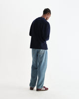 wax london men's Hayden - Navy Textured Organic Cotton Long Sleeve T-Shirt