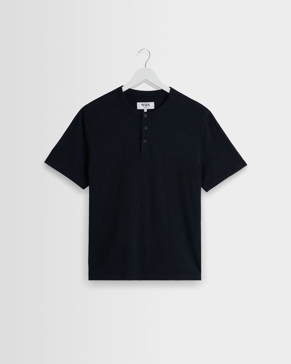 wax london men's Hill - Black Slub Organic Cotton Henley T-Shirt