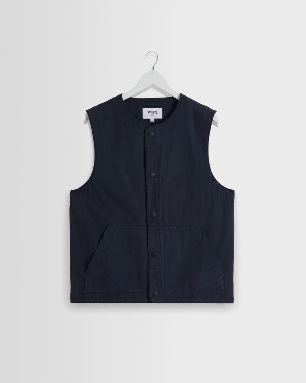 wax london men's Jedd - Navy Organic Cotton Ripstop Gilet