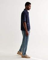 wax london men's Keats - Navy And Blue Embroidered Short-Sleeve Shirt