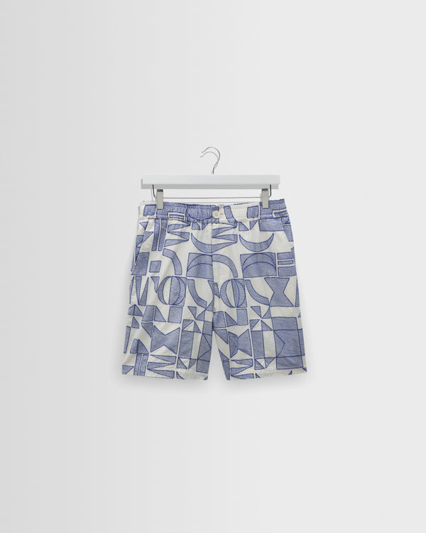 wax london men's Kurt - Ecru And Blue Geometric Embroidered Shorts