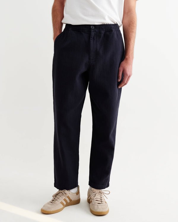 wax london men's Kurt - Navy Crinkle Cotton-Linen Relaxed Fit Trousers