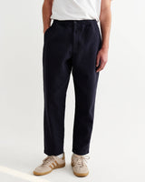 wax london men's Kurt - Navy Crinkle Cotton-Linen Relaxed Fit Trousers