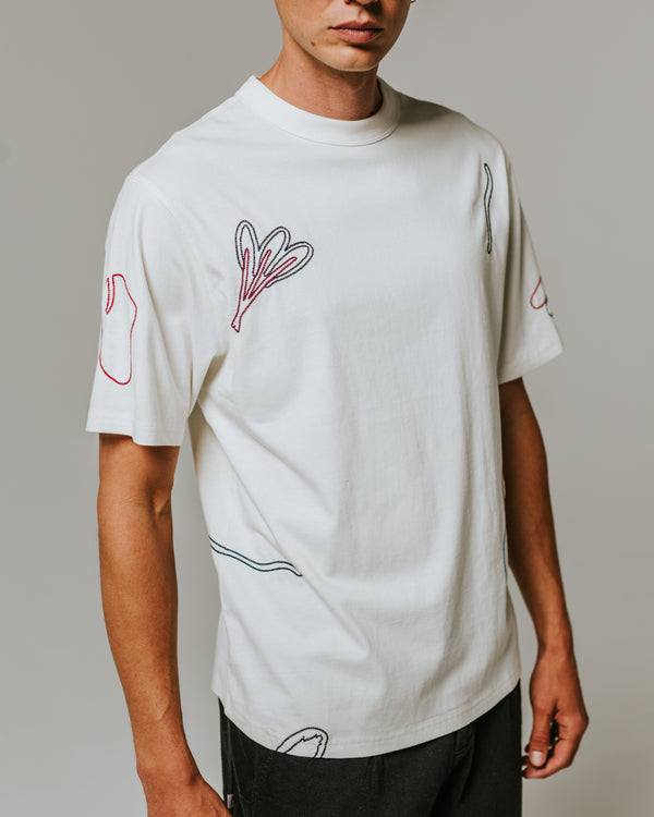 wax london men's Milton - Ecru Embroidered Organic Cotton T-Shirt