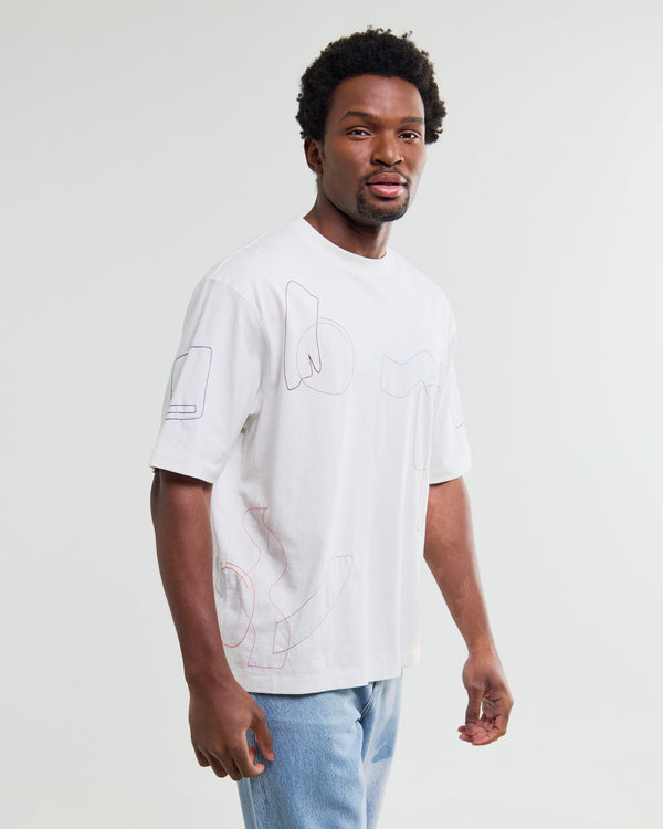 wax london men's Milton - Ecru Organic Cotton Embroidered Shapes T-Shirt