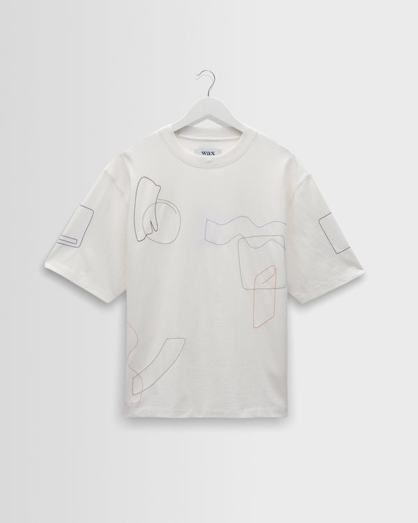 wax london men's Milton - Ecru Organic Cotton Embroidered Shapes T-Shirt