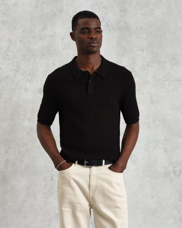 wax london men's Naples - Black Diamond Stripe Knitted Polo