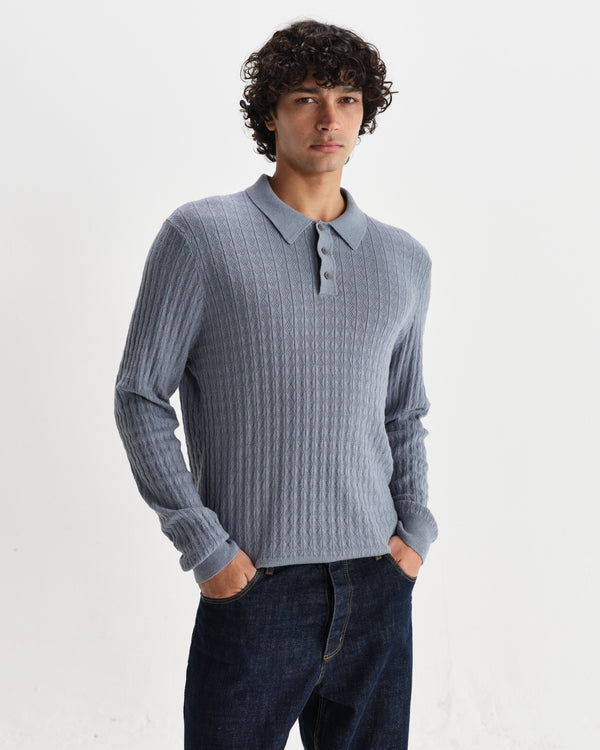 wax london men's Oban - Grey Blue Diamond Stripe Knitted Polo