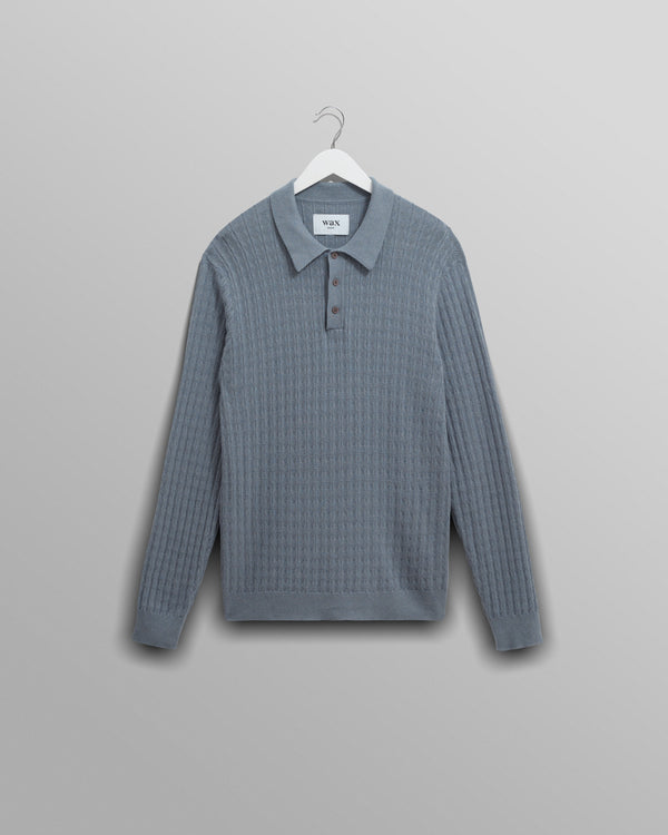 wax london men's Oban - Grey Blue Diamond Stripe Knitted Polo