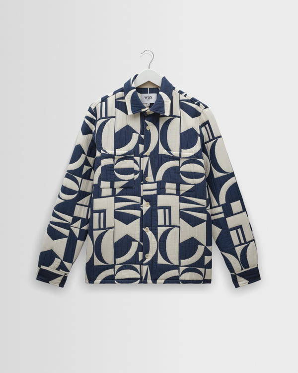 wax london men's Otto - Blue And Ecru Quilted Jacquard Overshirt