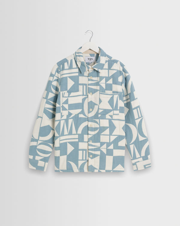 wax london men's Otto - Light Blue And Ecru Quilted Jacquard Overshirt
