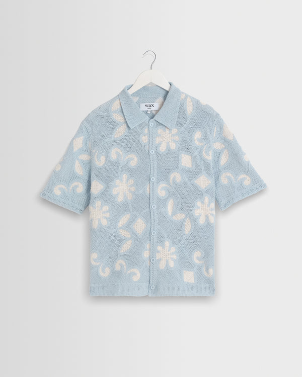 wax london men's Porto - Pale Blue Doodle Crochet Knitted Shirt
