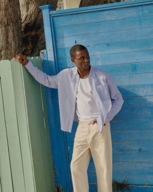 wax london Rove - Blue Striped Cotton Seersucker Shirt
